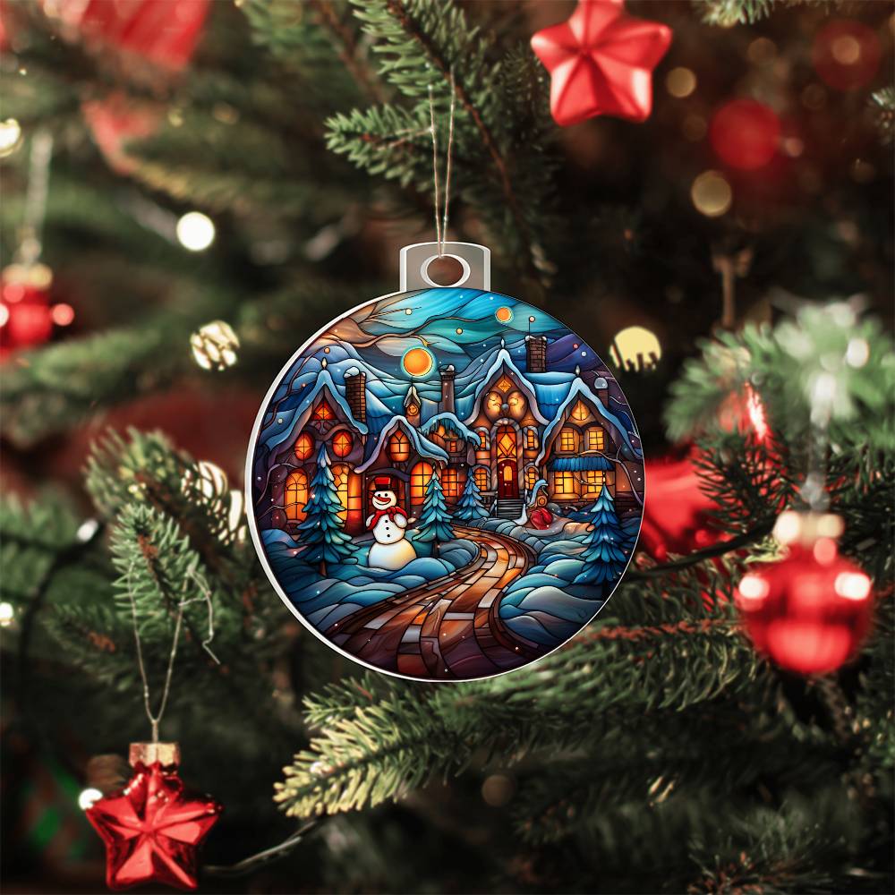 Christmas acrylic ornament with snowman and winter village on tree
