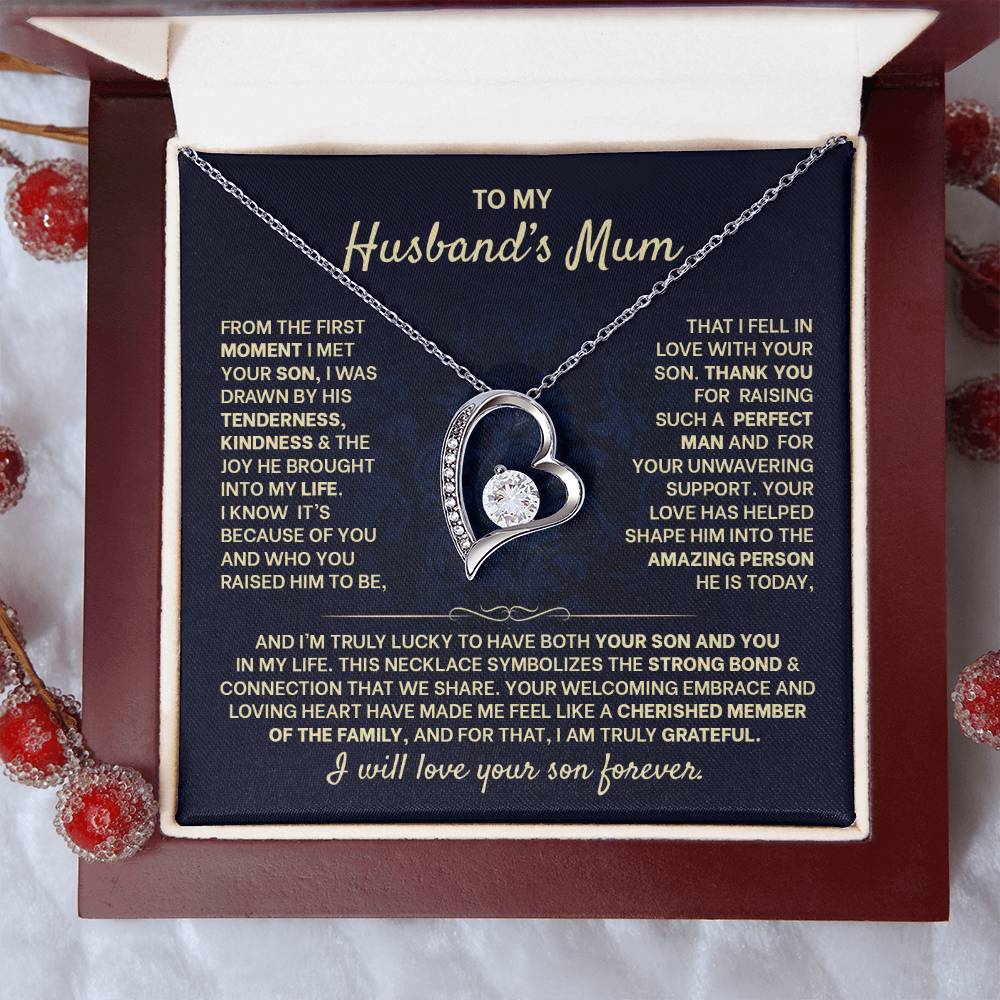 Forever Love Necklace in heart pendant gift for Husband's Mum with heartfelt message on display box.