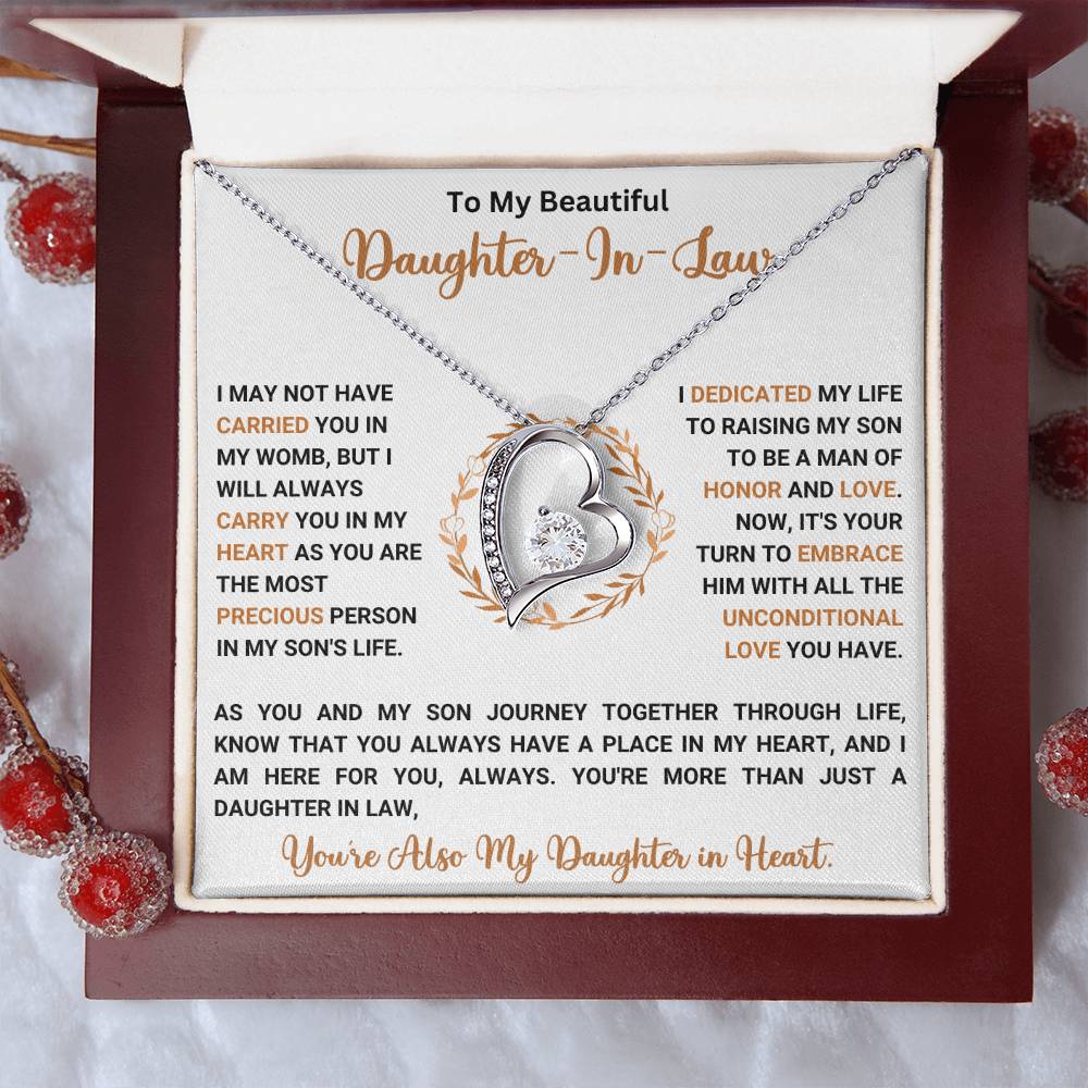 Forever Love Necklace gift for daughter-in-law with heart-shaped pendant and sparkling crystals in elegant gift box.