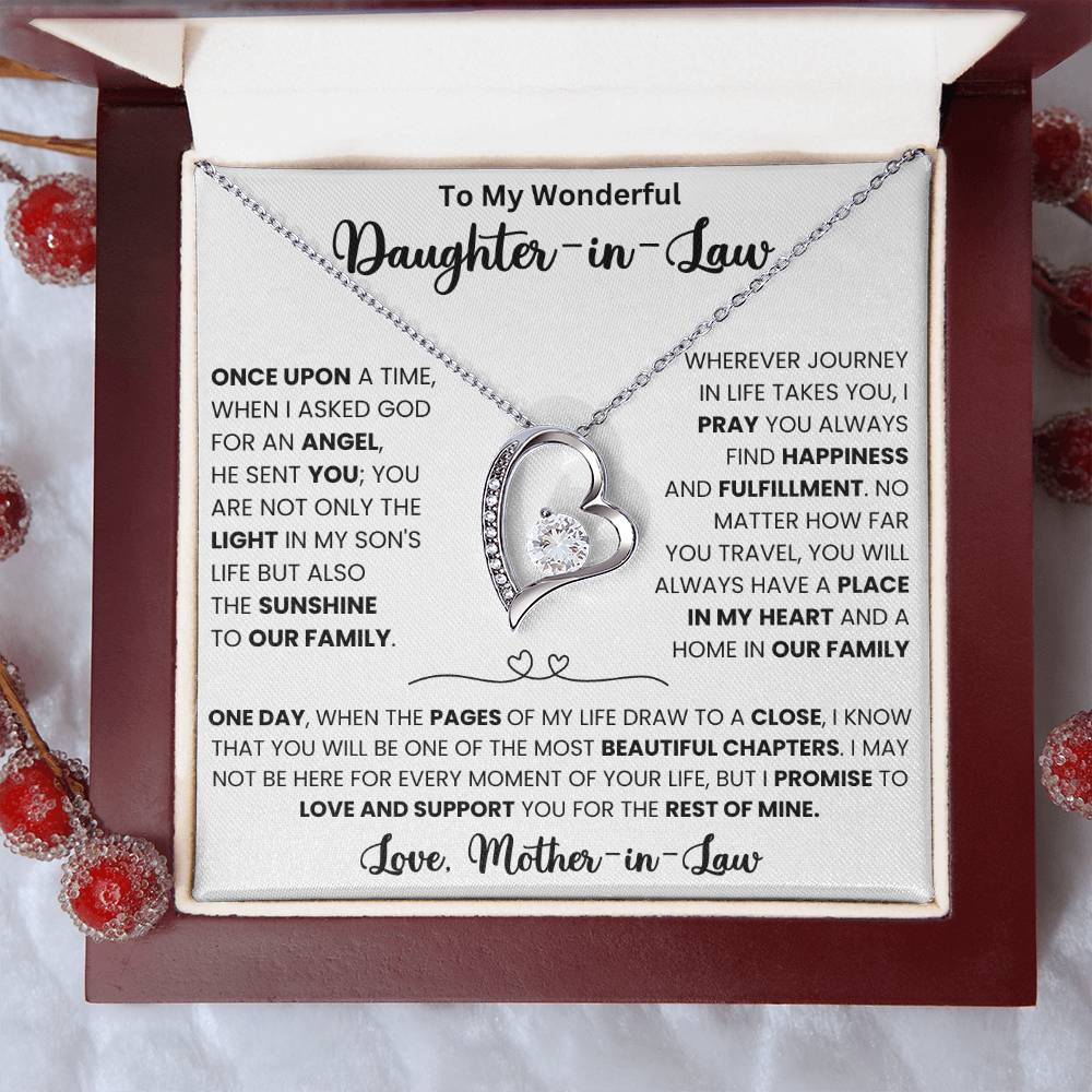 Forever Love Necklace with heart pendant and heartfelt message for daughter-in-law from mother-in-law in gift box.