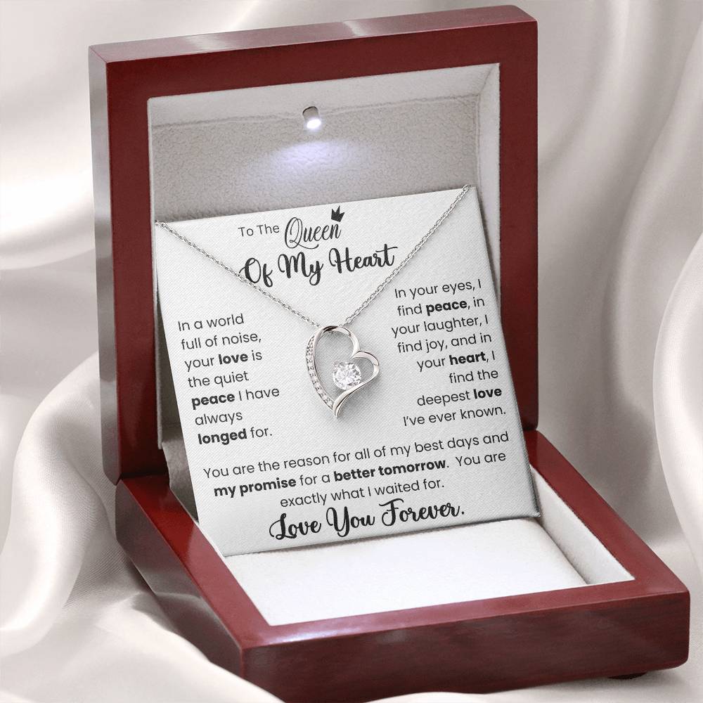 Forever Love Necklace in heart-shaped pendant with crystals, presented in a red jewelry box with a heartfelt message.