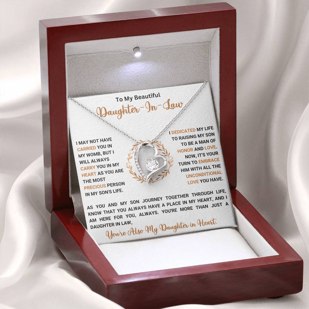 Forever Love Necklace with CZ crystal in a heart pendant, perfect gift for daughter-in-law, in a wooden gift box with loving message.