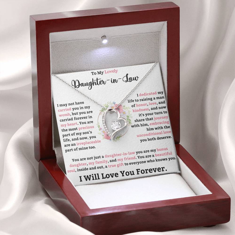 Forever Love Necklace for Daughter-in-Law with heart pendant and CZ crystal in a gift box with a heartfelt message.