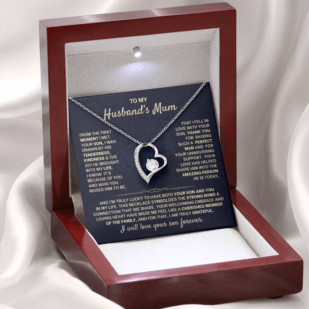 Heart-shaped necklace for husband's mum in a gift box, with heartfelt message displayed inside. Perfect appreciation gift.