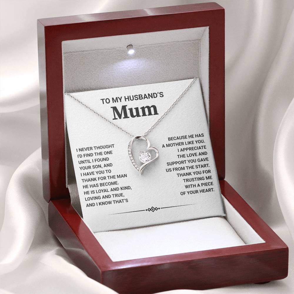 Forever Love Necklace in a gift box with heartfelt message for husband's mum, celebrating appreciation and love.