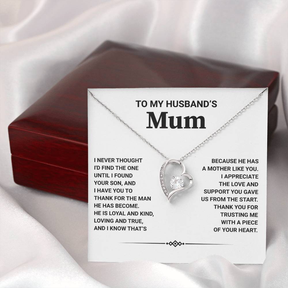 Heart-shaped necklace with CZ crystal for husband’s mum, displayed on a card expressing gratitude and love.