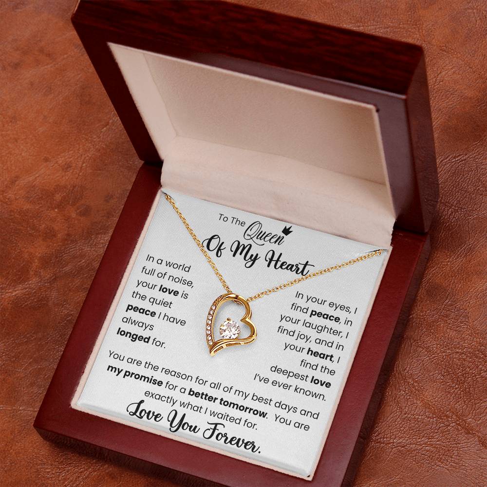 Forever Love Necklace with heart pendant and CZ crystal in gift box, heartfelt message "To The Queen of My Heart" displayed on card. Perfect gift for wife.