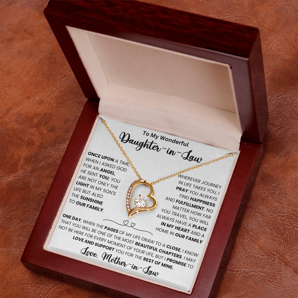 Forever Love Necklace for Daughter-in-Law in wooden box with heartfelt message from Mother-in-Law, featuring 6.5mm CZ crystal heart pendant.