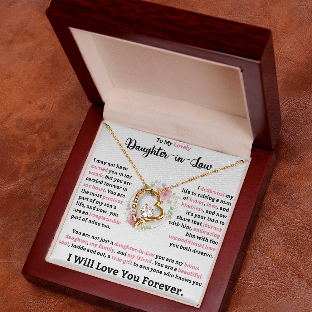 "To My Lovely Daughter in Law - Forever Love Necklace with heart pendant and CZ crystal in a gift box"