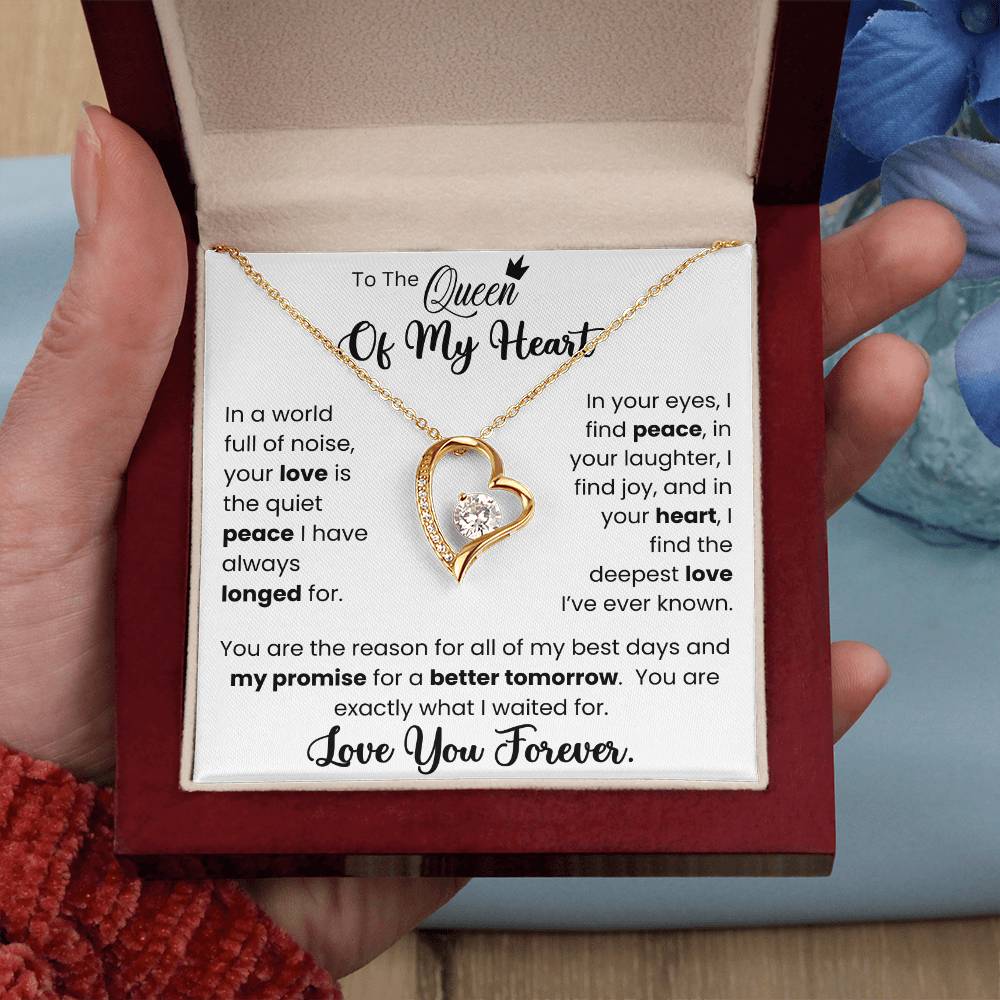 Forever Love Necklace in gift box with message "To The Queen of My Heart" and heartfelt poetic text, embellished with crystals and polished heart pendant.