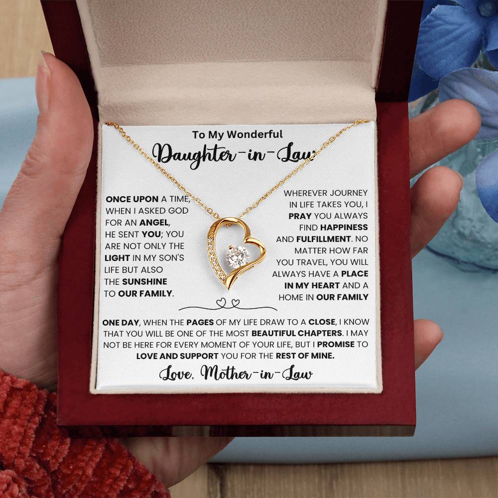 Forever Love Necklace for daughter-in-law with heartfelt message from mother-in-law, featuring 6.5mm CZ crystal and polished heart pendant in gift box