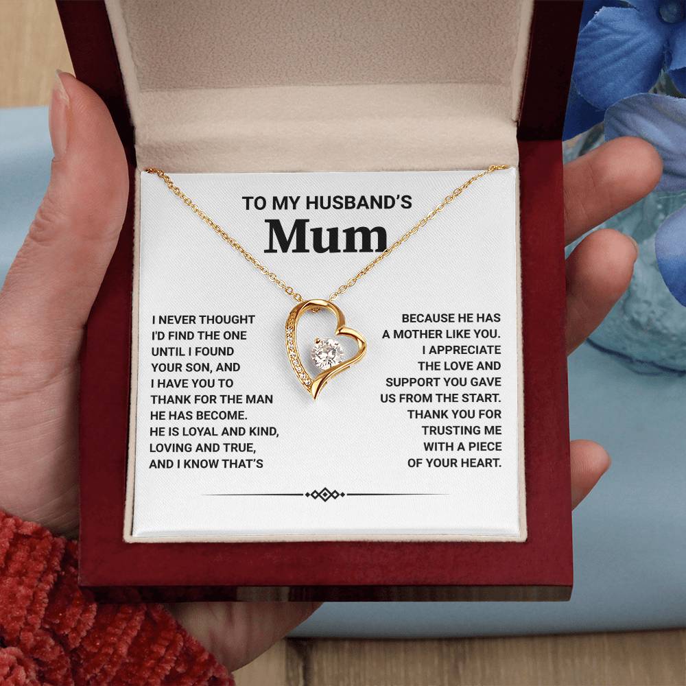 Gold heart pendant necklace in gift box for Husband's Mum with heartfelt message appreciation.