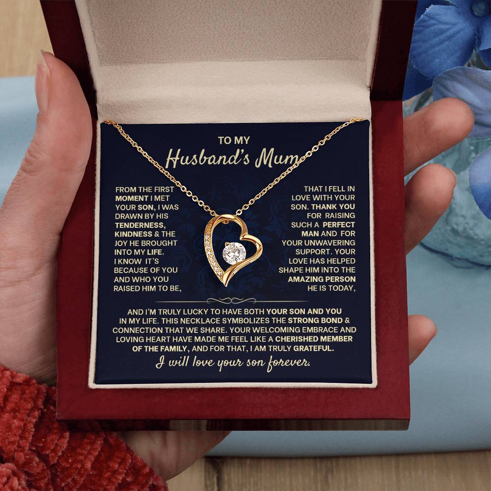 Beautiful Forever Love Necklace in a gift box, featuring a polished heart pendant and heartfelt message for Husband's Mum.