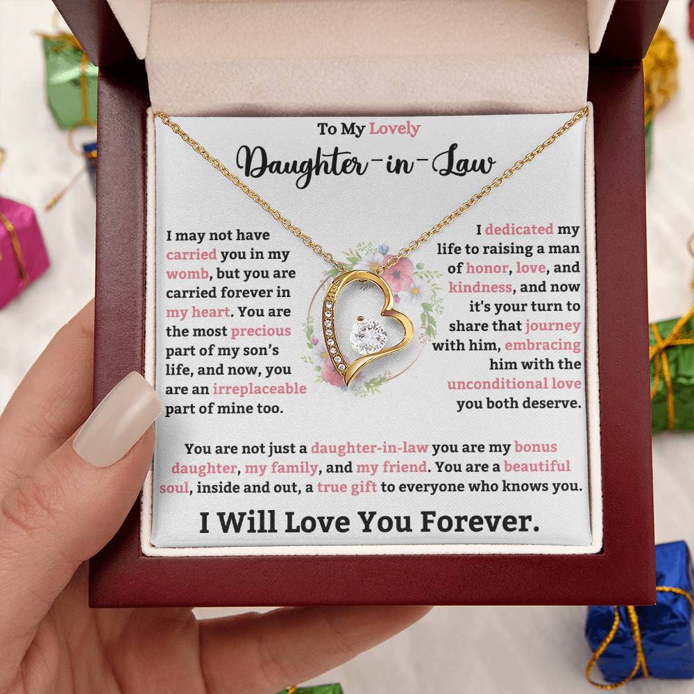 To My Lovely Daughter in Law Forever Love Necklace with Heart Pendant and CZ Crystal in Gift Box