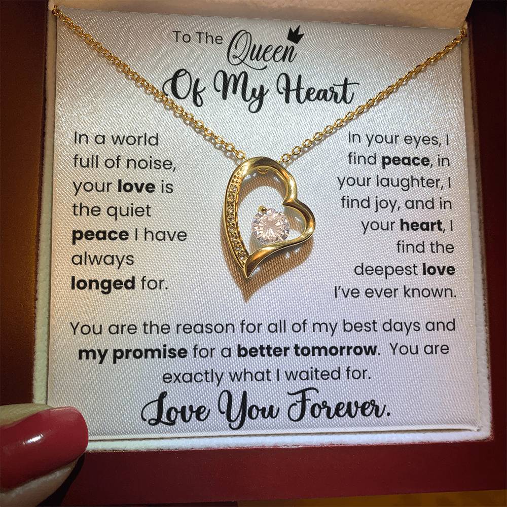 To The Queen of My Heart - Forever Love Necklace with heart pendant and CZ crystal in a gift box with heartfelt message