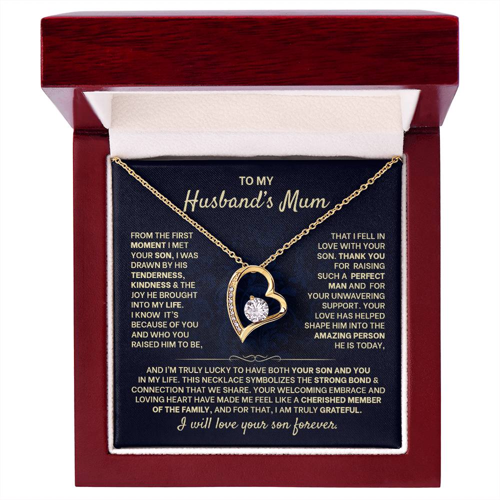 beautiful Forever Love Necklace in a gift box for husband's mum with heartfelt message card. Perfect appreciation gift.