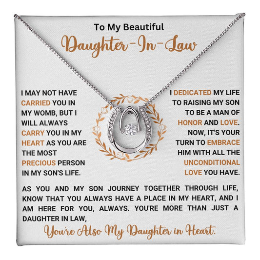 "To My Beautiful Daughter-In-Law - Lucky In Love Necklace with heartfelt message on jewelry card"