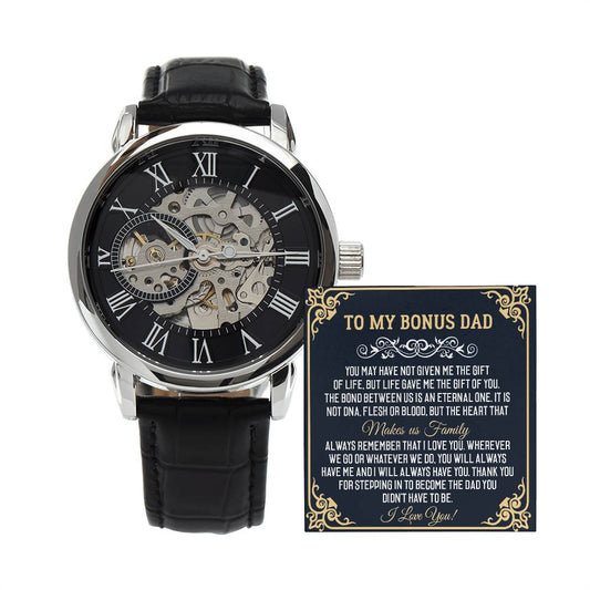 Men's Openwork Watch with genuine leather strap and skeleton dial next to "To My Bonus Dad" message card.