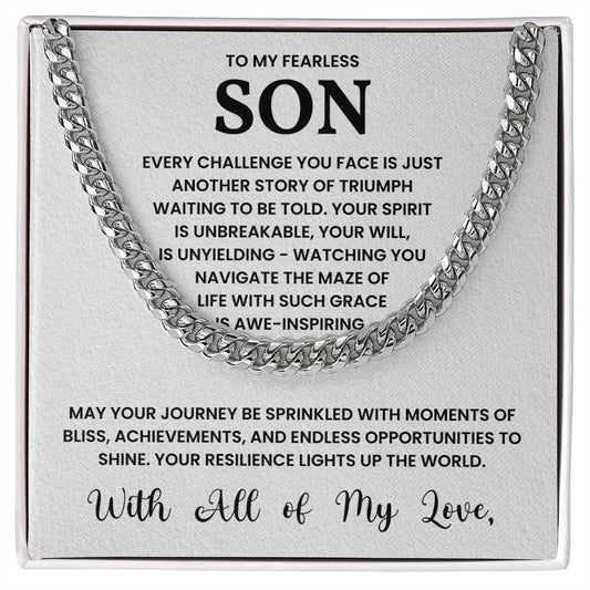 Cuban link chain gift for fearless son with heartfelt message about resilience, strength, and love.