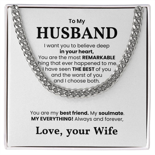 Cuban link chain necklace with love note to husband saying "You are my best friend, my soulmate, my everything. Love, your wife."