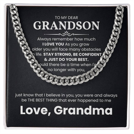 Cuban Link Chain Necklace with Inspirational Message from Grandma to Grandson