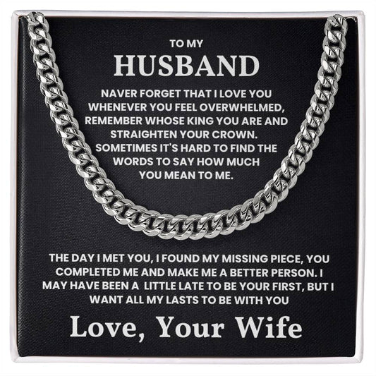 "To My Husband - Straighten Your Crown - Cuban Link Chain Necklace with Romantic Message from Wife"