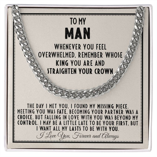 To My Man Cuban Link Chain Necklace with heartfelt message on a white card