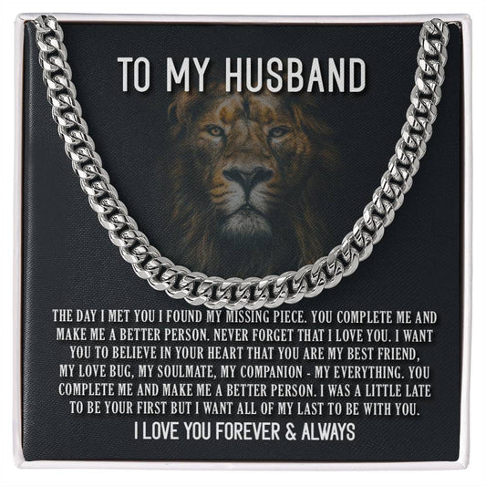 Cuban Link Chain Necklace with heartfelt message "To My Husband - The Day I Met You" adorned with a lion graphic.