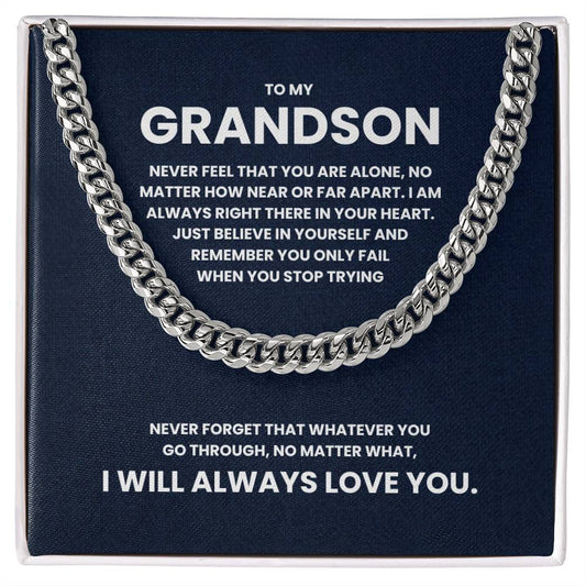 Cuban Link Chain Necklace with heartfelt "To My Grandson" message on a blue background.