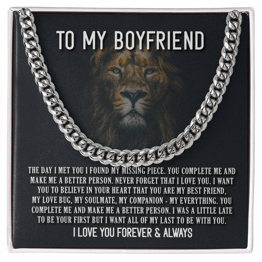 Cuban link chain necklace with sentimental message for boyfriend on black background with lion image.