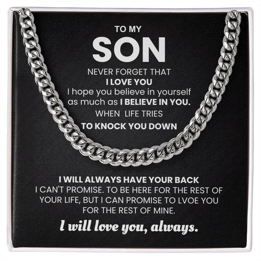 Cuban Link Chain Necklace with "To My Son" Inspirational Message in Gift Box