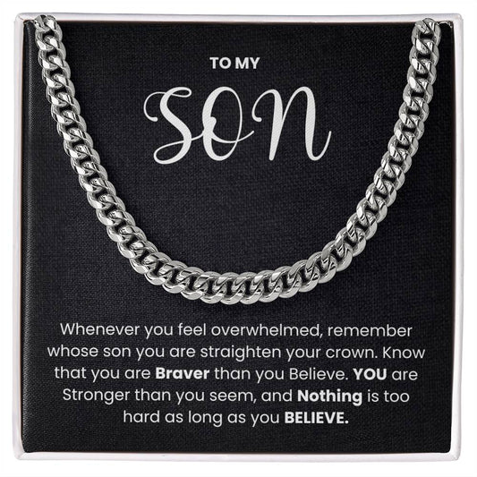 Cuban link chain necklace with inspirational message "To My Son" on black background