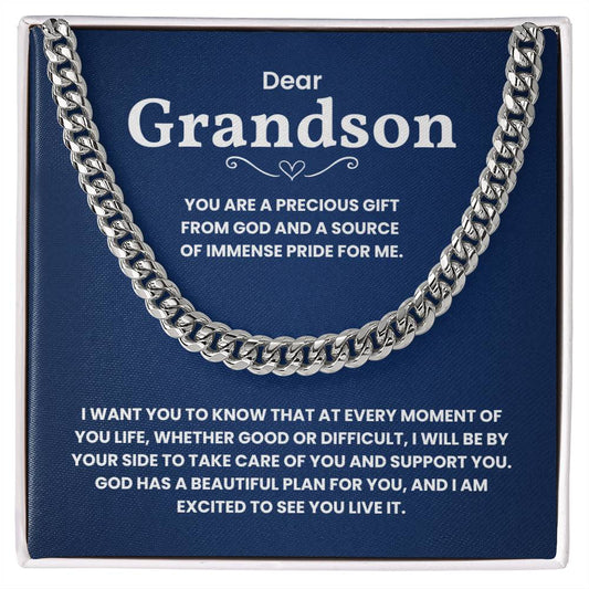 Dear Grandson necklace with heartfelt message and Cuban link chain on display.