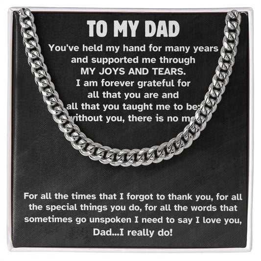 Silver Cuban Link Chain Necklace with heartfelt message "To My Dad - I Love You Dad" engraved on black background