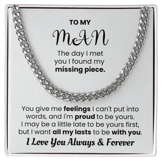 Cuban Link Chain Necklace for Man with Love Message on White Background