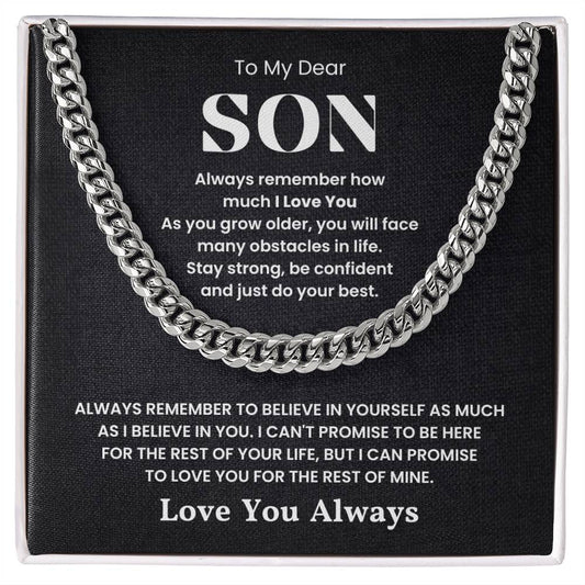 "To My Dear Son Love You Always Cuban Link Chain Necklace with Inspirational Message"