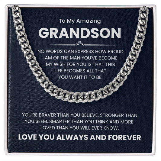 To My Amazing Grandson Cuban Link Chain Necklace with heartfelt message on a navy background