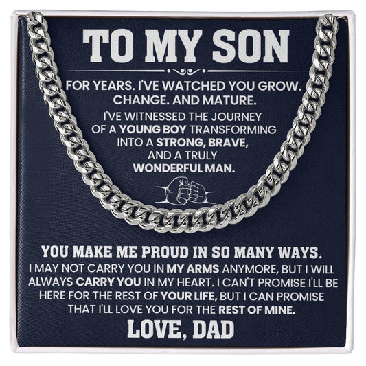 Cuban link chain gift for son with heartfelt message from dad on black backdrop, symbolizing strength and love.