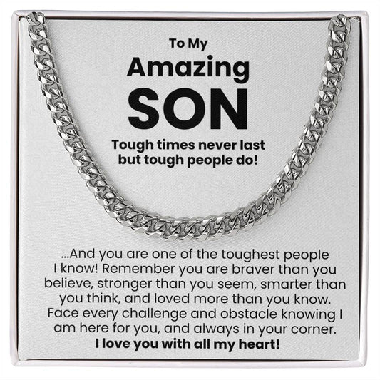 Cuban link chain gift for son with heartfelt message from mom, encouraging bravery, strength, intelligence, and reminding of love.