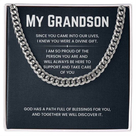 Cuban link chain necklace with "My Grandson" message about support and blessings