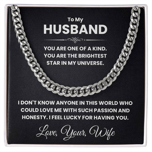 Cuban link chain necklace on black background with heartfelt message to husband, "You are the brightest star in my universe."