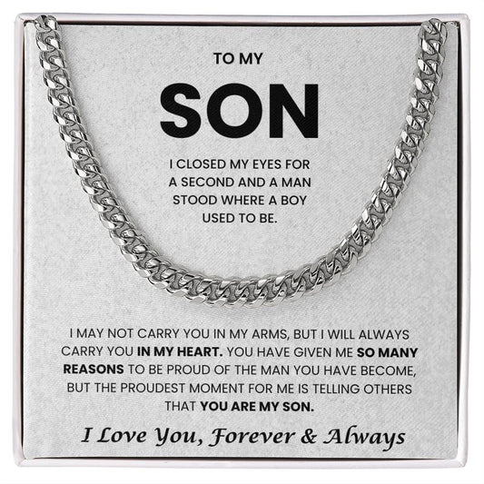 Cuban link chain necklace gift for son with heartfelt message about love and pride