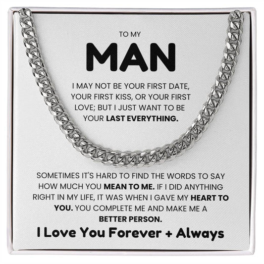 Cuban link chain necklace on a card with romantic message for a husband, expressing lifelong love and commitment