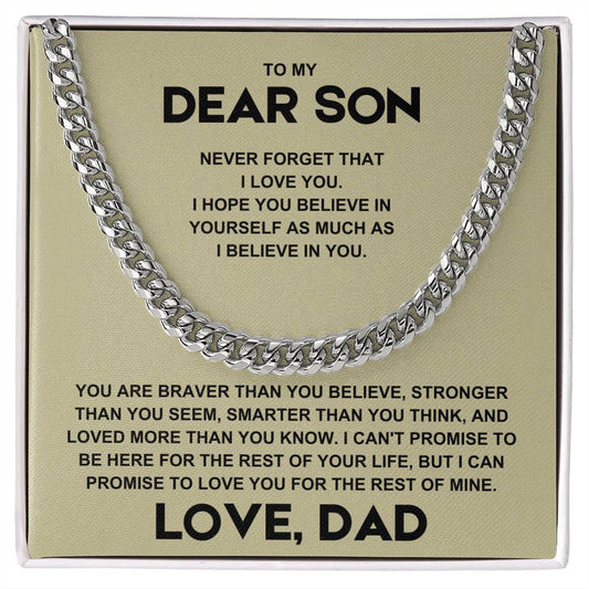 Cuban link chain necklace with heartfelt message from dad to son, "Never Forget that I Love You" engraved on the box