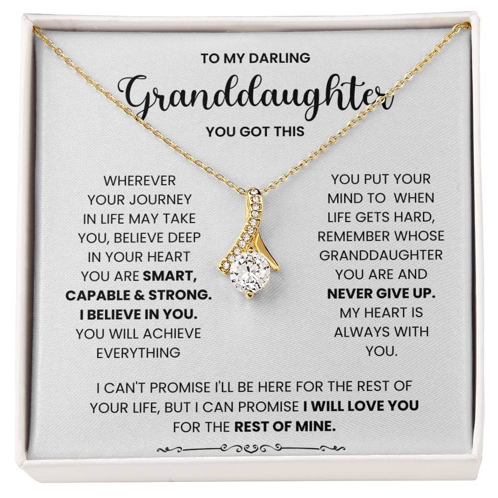 Alluring Beauty necklace gift for granddaughter with an inspirational message saying you are smart, capable, and strong