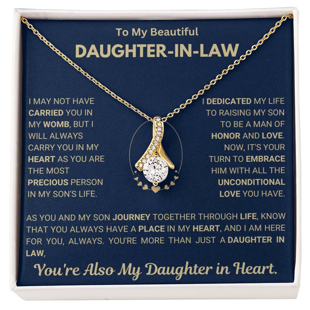 To My Beautiful Daughter-in-Law necklace with heartfelt message, ribbon-shaped pendant, perfect gift, 50% off and free shipping