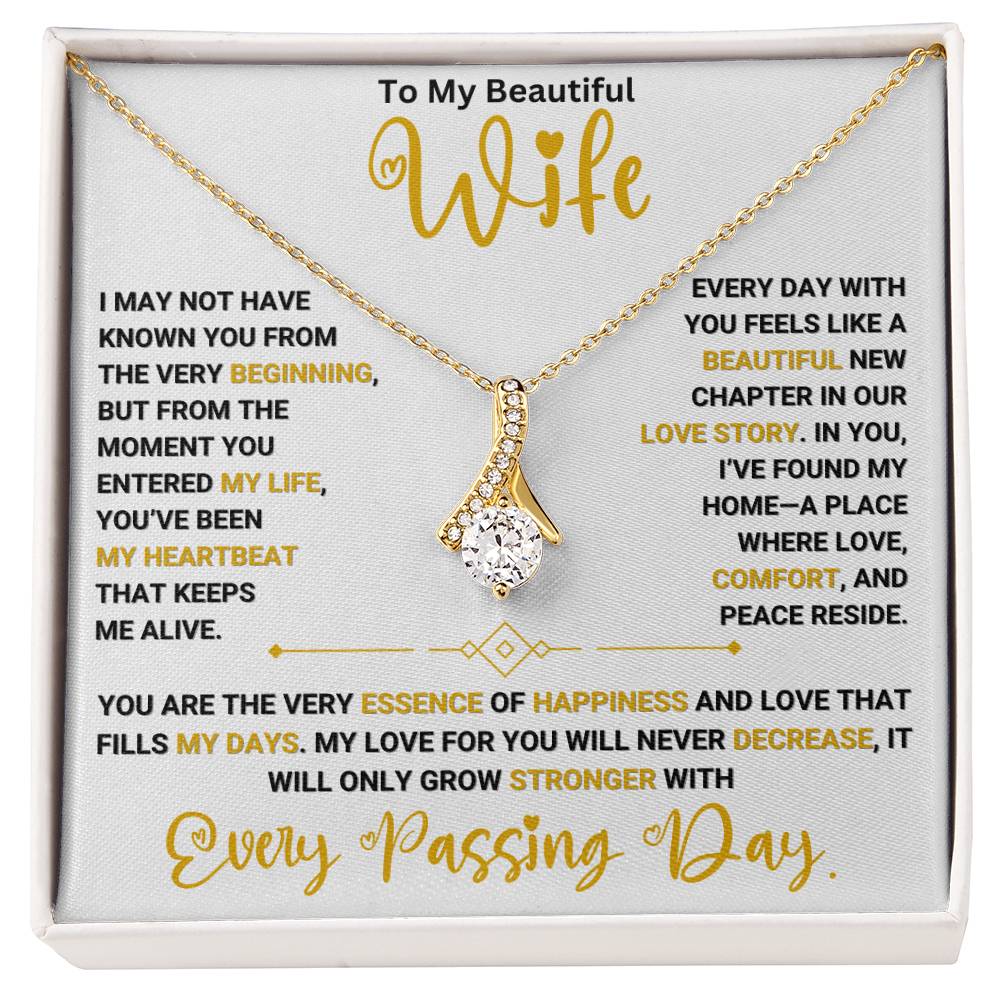 Gold necklace with a diamond heart charm, romantic message for wife in a gift box. Perfect anniversary or birthday gift for her.