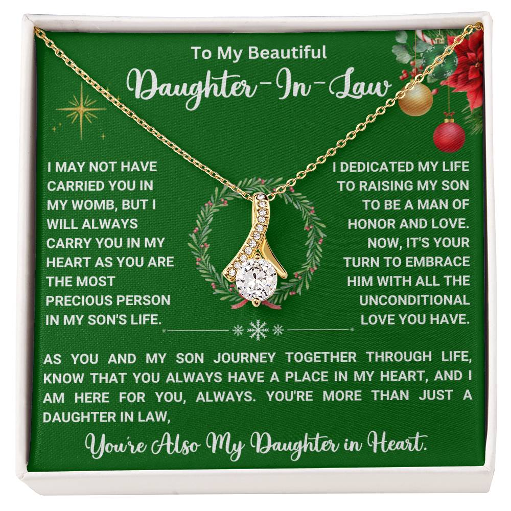 Alluring Beauty necklace with ribbon pendant on 'To My Beautiful Daughter-In-Law' card, perfect gift for daughter-in-law.