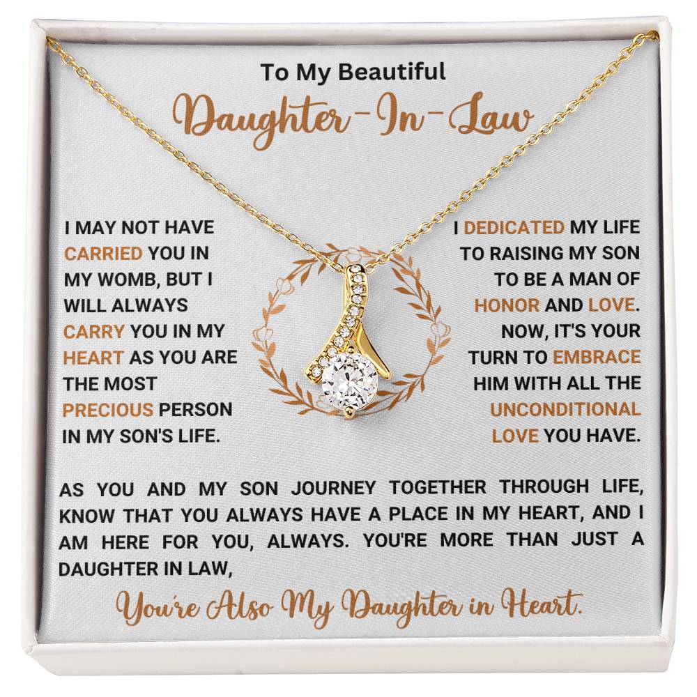 Alluring Beauty necklace for daughter-in-law with heartfelt message in a gift box.