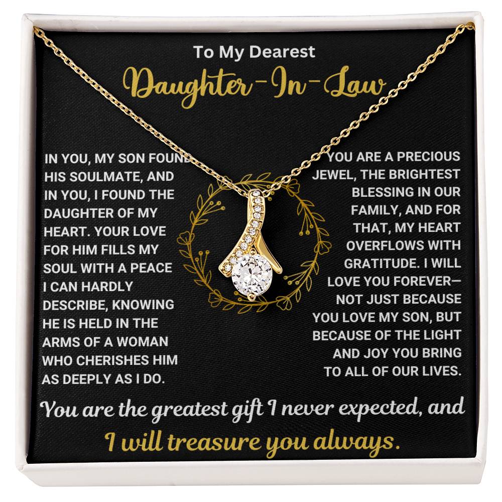 To My Dearest Daughter-In-Law Alluring Beauty necklace on black background with heartfelt message about family and love